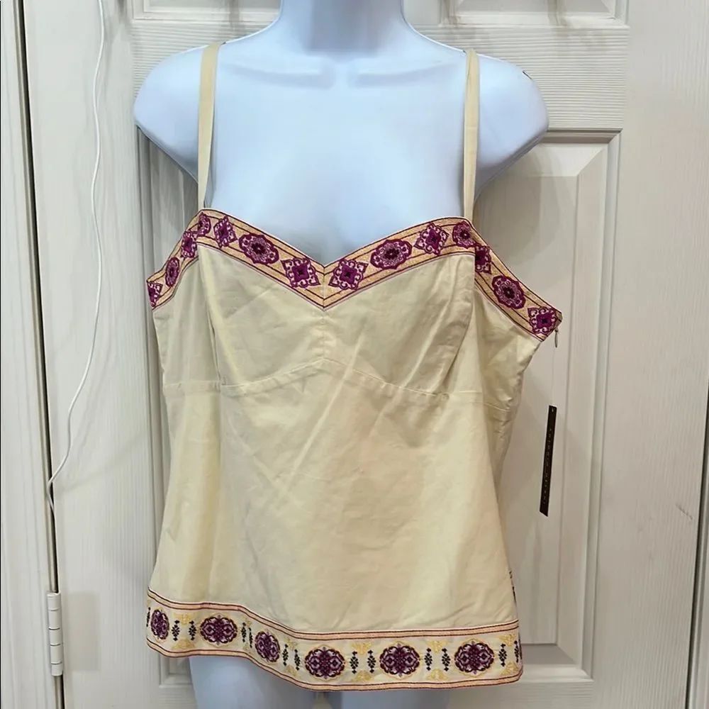 ANTONIO MELANI Cream & Purple Asymmetrical Embellished Camisole 💯% Cotton Sz 14